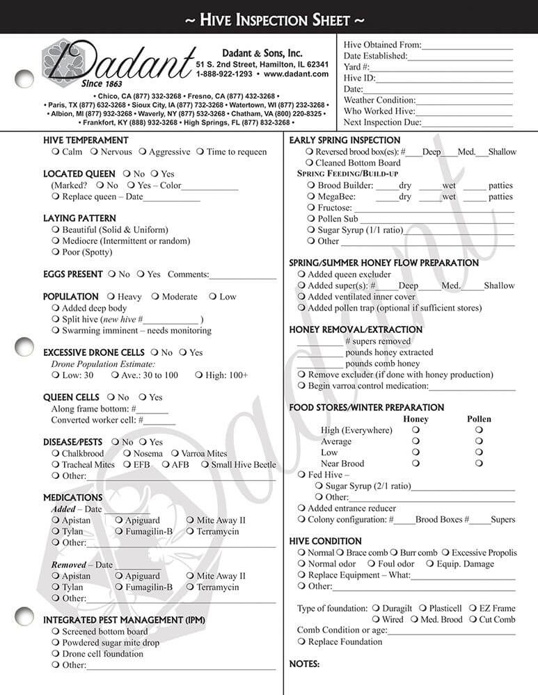Hive Inspection Sheet Notepad